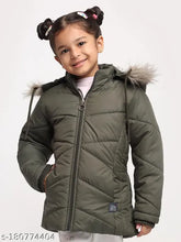 Vero Amore girls olive winter wear solid parka, long sleeve fur jacket for 4-10 years