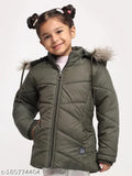 Vero Amore girls olive winter wear solid parka, long sleeve fur jacket for 4-10 years