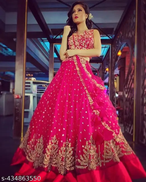 Designer satin-net lehenga choli with embroidered dupatta set, women's party wear ethnic outfit - Free Size (38-42 in), self design, exquisite for weddings & festive celebrations