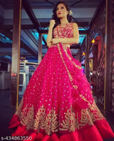 Designer satin-net lehenga choli with embroidered dupatta set, women's party wear ethnic outfit - Free Size (38-42 in), self design, exquisite for weddings & festive celebrations