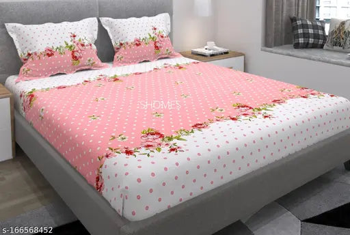 Soft pink, premium cotton elasticated fitted double bedsheet with two pillow covers, ideal for summer. 72x78x8 inches