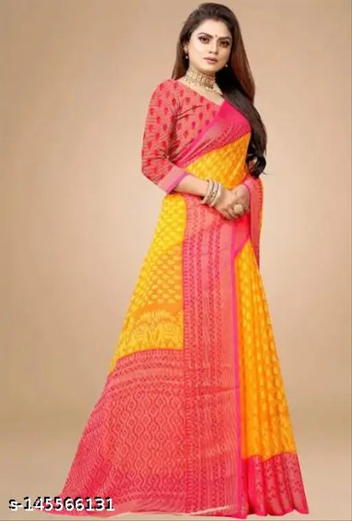 Chiffon Brasso saree and blouse, zari woven pattern from India, free size for women