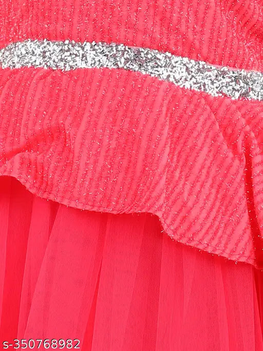 Coral net peplum party dress for kids, embellished and full-length, sizes from 1-12 years