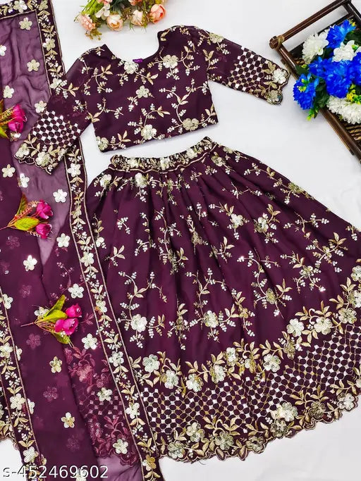 Embroidered Georgette lehenga choli with floral stitch and long sleeves, trending fashion for girls aged 3-15 years, India origin