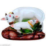 Poly resin Kamdhenu Cow with calf, adorned with precious stones - spiritual idol for homes, 5.5x3.5 inches