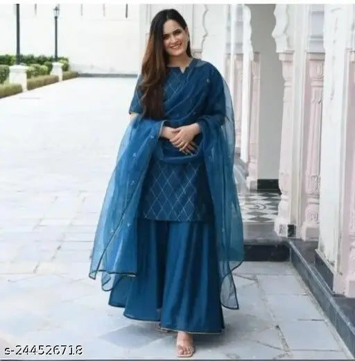 Rayon printed dupatta set, three-quarter sleeve kurta and bottomwear on mannequin, India made