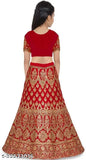 Red satin embroidered kids lehenga choli, short-sleeved blouse with matching net dupatta - perfect for ethnic occasions