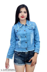 Stylish denim girls' jacket with 3 patti moti pattern, solid net fabric, long sleeves. S, M, L, XL sizes available