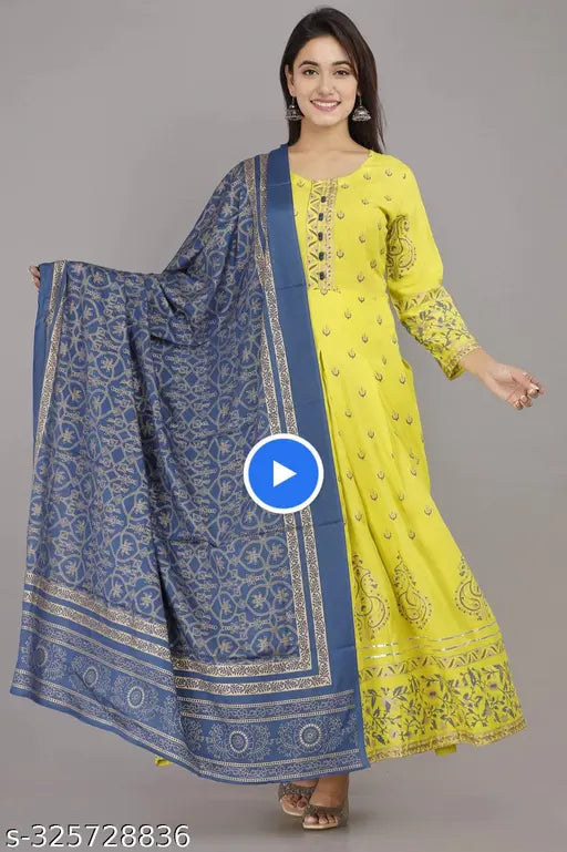 Rayon Anarkali long kurti with dupatta, printed and vibrant, XS-L sizes available, Indian women's fashion