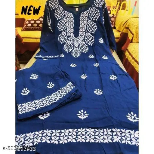 Rayon embroidered kurti set with palazzos, three-quarter sleeves, Indian women's fashion