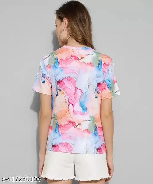 Lycra short-sleeve printed t-shirt for women, size M, India origin