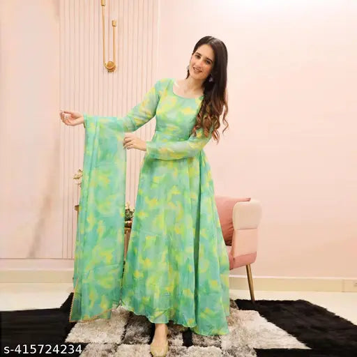 Georgette colorblocked print kurta gown with dupatta, ideal for women's formal wear or special occasions