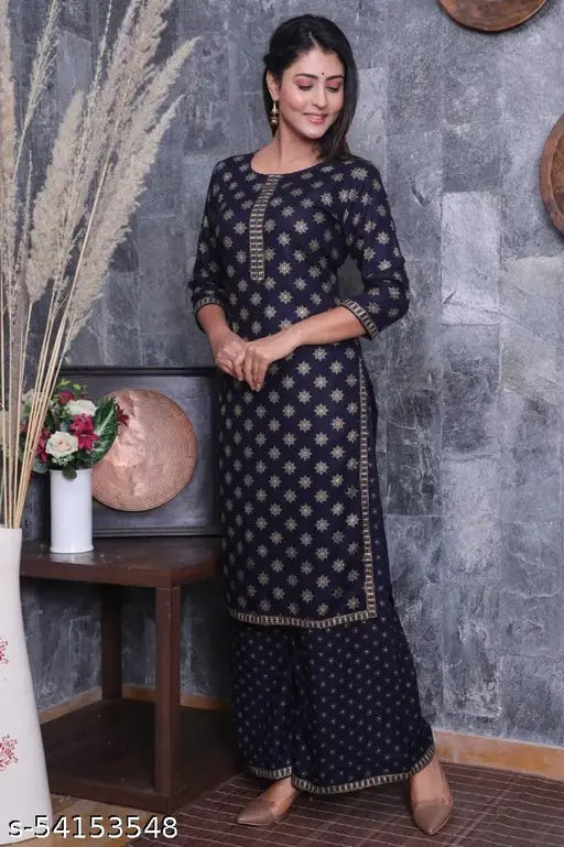 Rayon printed kurta with palazzos, three-quarter sleeves, vibrant Indian ethnic wear for women, single size M-XXXL