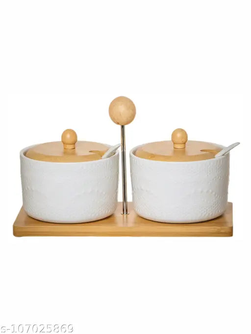 White gold porcelain canister set with wooden tray & spoon (2pcs), 270ml each, ideal for serving sauces, seasonings, and pickles