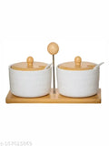 White gold porcelain canister set with wooden tray & spoon (2pcs), 270ml each, ideal for serving sauces, seasonings, and pickles