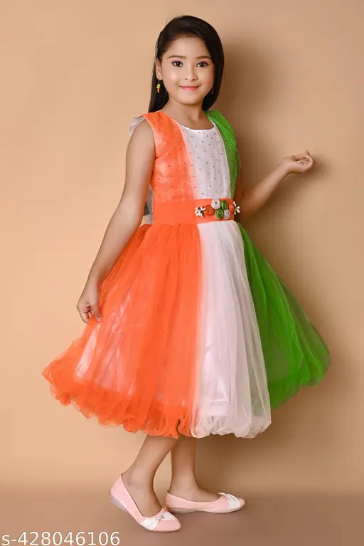 Exclusive Independence day special net frock, printed with patriotic motifs for kids aged 1-11 years