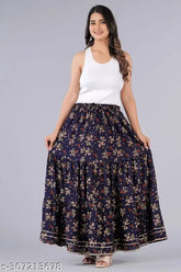 Flower Booti printed long rayon skirt, vibrant floral design for women's wardrobe on hanger