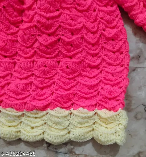 Hand knitted wool sweater for baby girls, self-design net pattern in pink and yellow, high quality winter wear from India