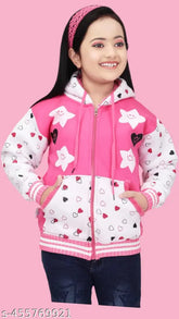 Pink and white girls' hoodie with star & heart prints (3-16 years), soft wool, long sleeves, printed design