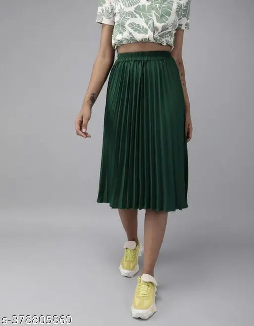Women's latest trending crepe skirt for girls, solid pattern, fashionable outfit on mannequin