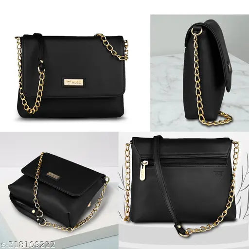 Black faux leather sling bag, ALSU Women's party wear. Solid design, 2 compartments, perfect for modern girls. High-quality synthetic leather, suitable for any occasion. Made in India