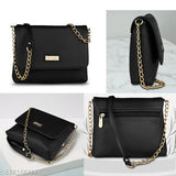 Black faux leather sling bag, ALSU Women's party wear. Solid design, 2 compartments, perfect for modern girls. High-quality synthetic leather, suitable for any occasion. Made in India