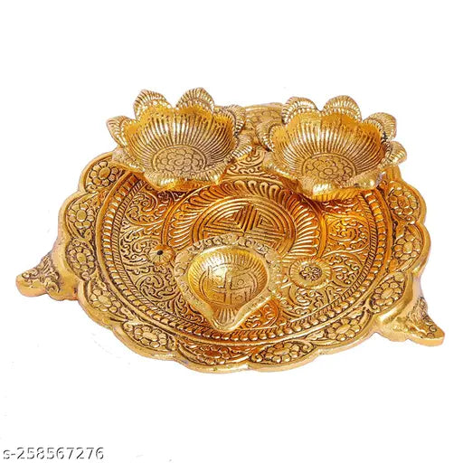 Brass Pooja Thali set with 3 diyas, ornate floral design, ideal for home, kitchen, office, or gift. Dimensions: 18x18x4 cm (L-B-H). Handcrafted artifact from India