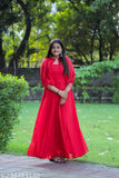 Red georgette ethnic wear gown with fancy sleeves, padded and fully stitched for Chhath Puja celebration. Made in India. (Length: 56 inches, Code: 244)