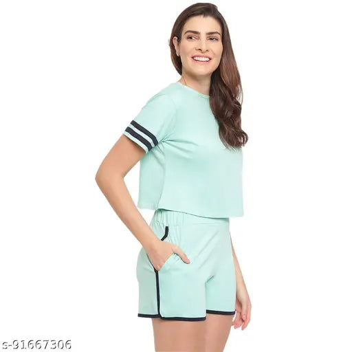 Mint navy blue striped cotton night suit set, women's two-piece loungewear for sleep and relaxation, Indian origin