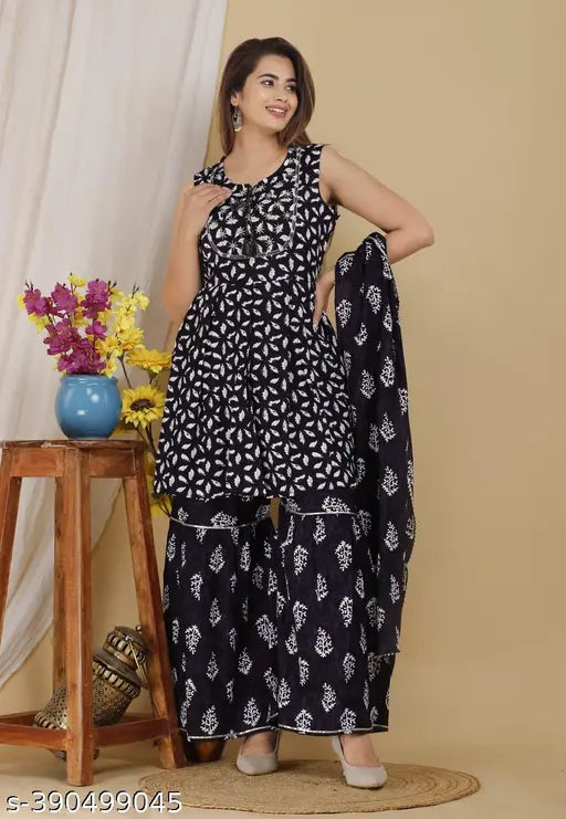 Rayon Banita Voguish women's kurta set with sharara and dupatta, printed, sleeveless, stitched net, India origin