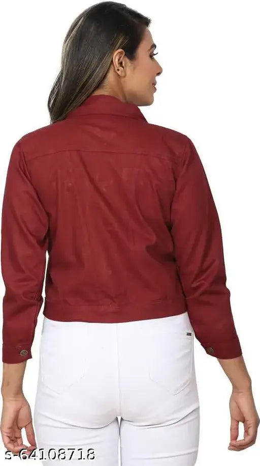 Solid denim long sleeve women's denim jacket, self-designed with 3/4 sleeves. Indian-made fashion apparel for ladies