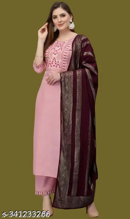 Embroidered cotton kurta set for women, pack of 3 with dupatta and bottomwear, three-quarter sleeves, India-made