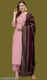 Embroidered cotton kurta set for women, pack of 3 with dupatta and bottomwear, three-quarter sleeves, India-made
