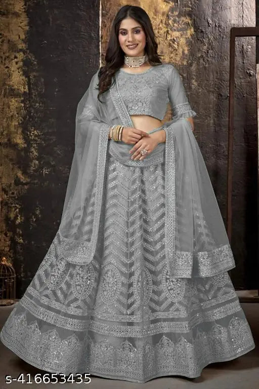 Grey embroidered self-design sequinned lehenga choli & dupatta with net fabric, Indian unstitched blend