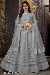 Grey embroidered self-design sequinned lehenga choli & dupatta with net fabric, Indian unstitched blend