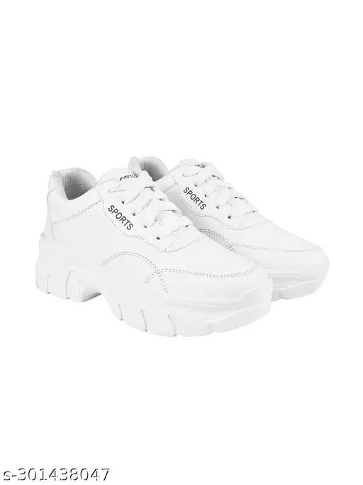 Elegant white synthetic sneakers for kids, PU sole, lace-up detail, perfect casual wear