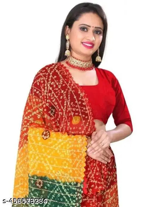 Red and Yellow Green Georgette printed bandhni saree with embroidered patterns, perfect for daily or party wear. Traditional Indian saree by NavSarjan