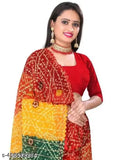Red and Yellow Green Georgette printed bandhni saree with embroidered patterns, perfect for daily or party wear. Traditional Indian saree by NavSarjan