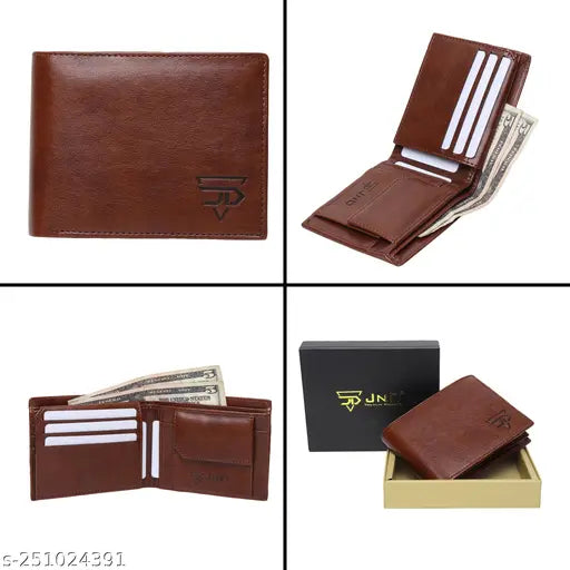 Faux leather wallet for men, 6 card slots, 1 coin pocket, 2 hidden compartments, 2 currency slots, 1 ID slot. Solid pattern, free size (11cm x 9cm). High-quality Indian-made gift for men and boys