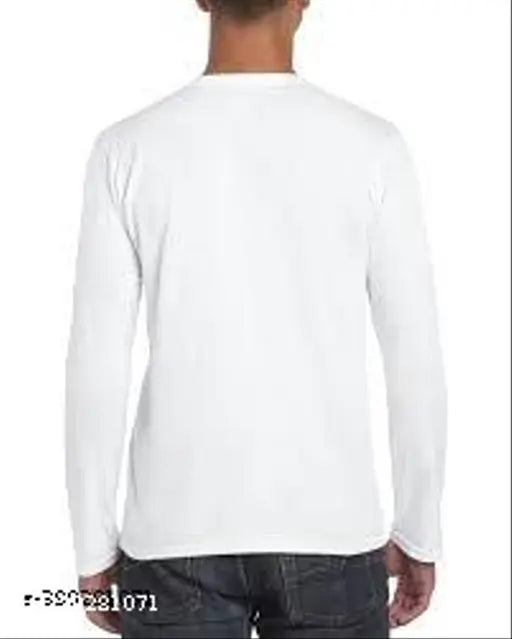 White full polyester men's t-shirt with printed design, long sleeves, size S-XXL. Made in India