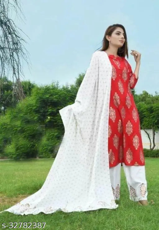Rayon printed net kurti palazzo and dupatta set for women, three-quarter sleeve Indian fashion on display