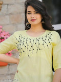 Yellow Rayon Kurta Set with Palazzos: Solid design, three-quarter sleeves, handwork on yoke, India origin