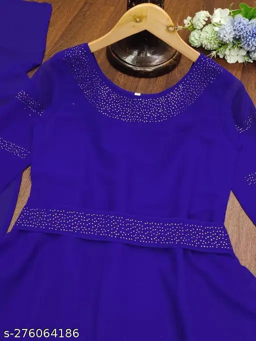 Navy blue Georgette designer gown for women with long sleeves, matching waist belt and dupatta, beautiful hot fix work