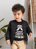 Black printed polyester boys bomber jacket with long sleeves, latest design and zip closure