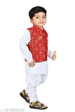 Cotton boys kurta pajama set with jacket, long sleeves churidar in checked pattern, India origin