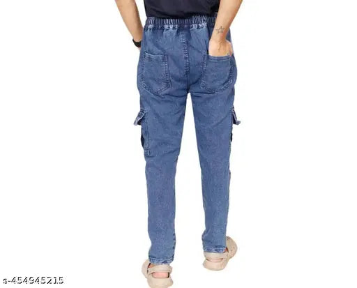 Dark blue denim men's cargo jeans, featuring multiple pockets and a classic fit. Size 30x38, made in India