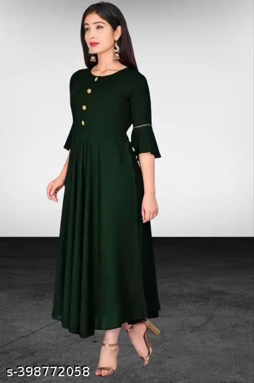Rayon round neck Anarkali kurti, trendy solid color and three-quarter sleeve design, Indian craftsmanship in high-quality rayon fabric