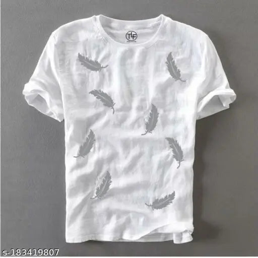 White cotton blend men's leaf print slim fit short sleeve t-shirt, nature-inspired botanical design on round neck