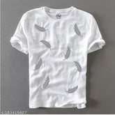 White cotton blend men's leaf print slim fit t-shirt on model, casual botanical design