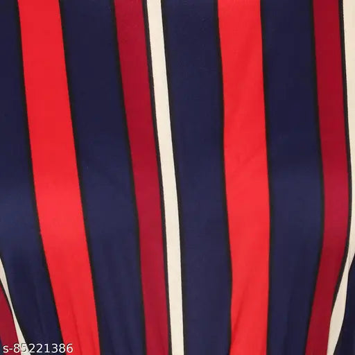 Red, Navy, Maroon striped poly crepe jumpsuit with narrow bottoms and short sleeves, ideal for casual wear and Indian body type